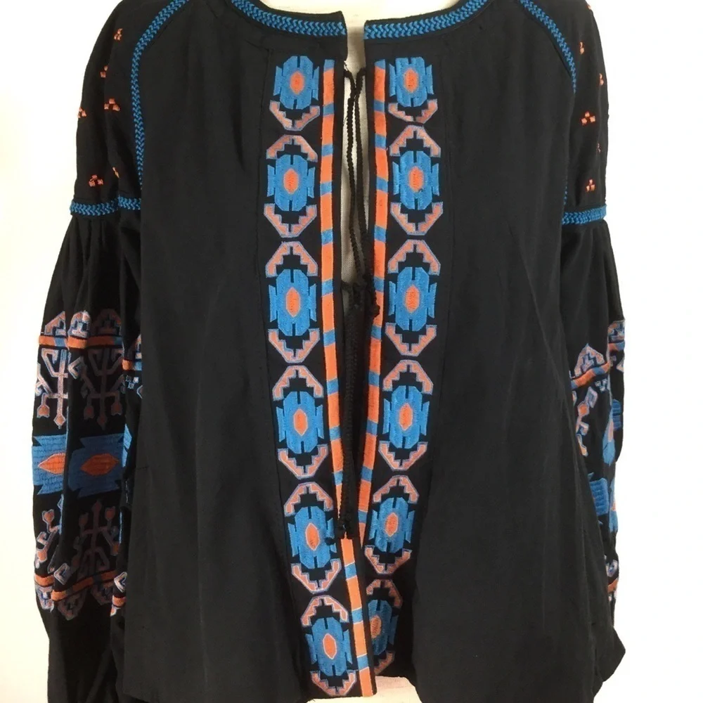Puff‎ sleeve embroidered boho tie front jacket top
